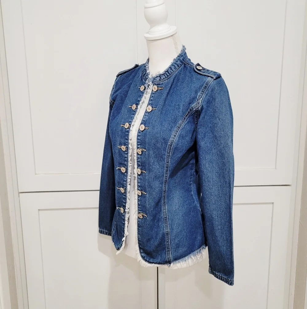 Open Front Denim Military-Style Jacket - Blue | Size Small - Picture 2 of 5